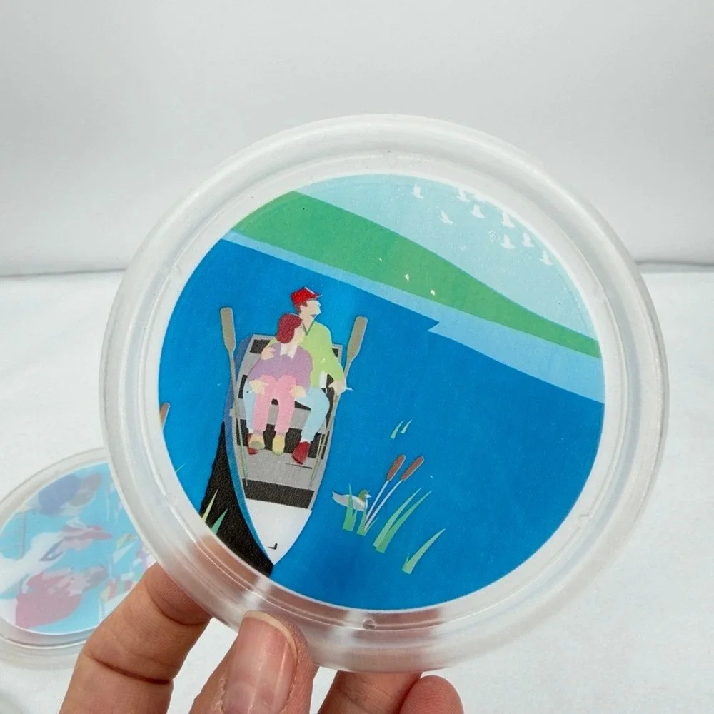 Vintage Kitsch Colorful Plastic Drink Coasters Vacation Scenes Set of 4 Barware
